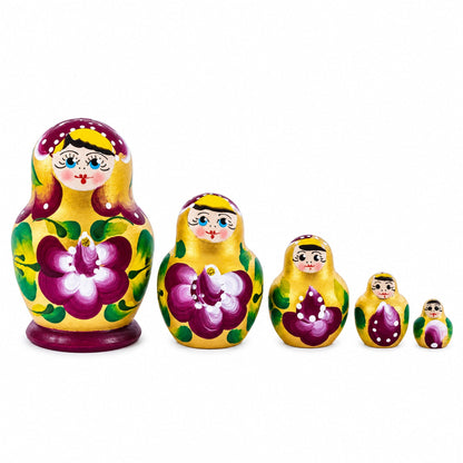 Gold Color with White Velvet Flower Wooden  Nesting Dolls