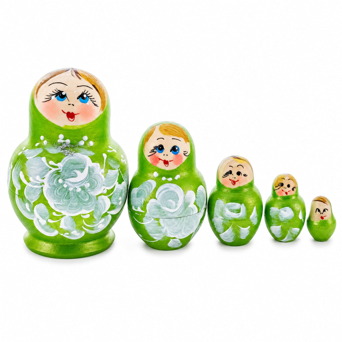 Green Color with White Flowers Wooden  Nesting Dolls