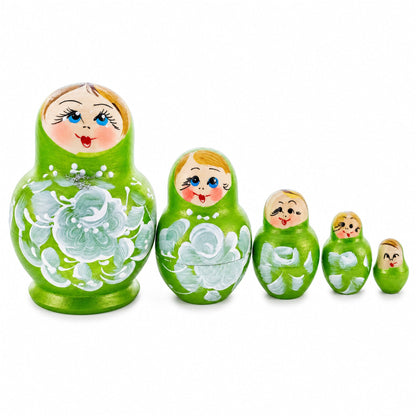 Green Color with White Flowers Wooden  Nesting Dolls