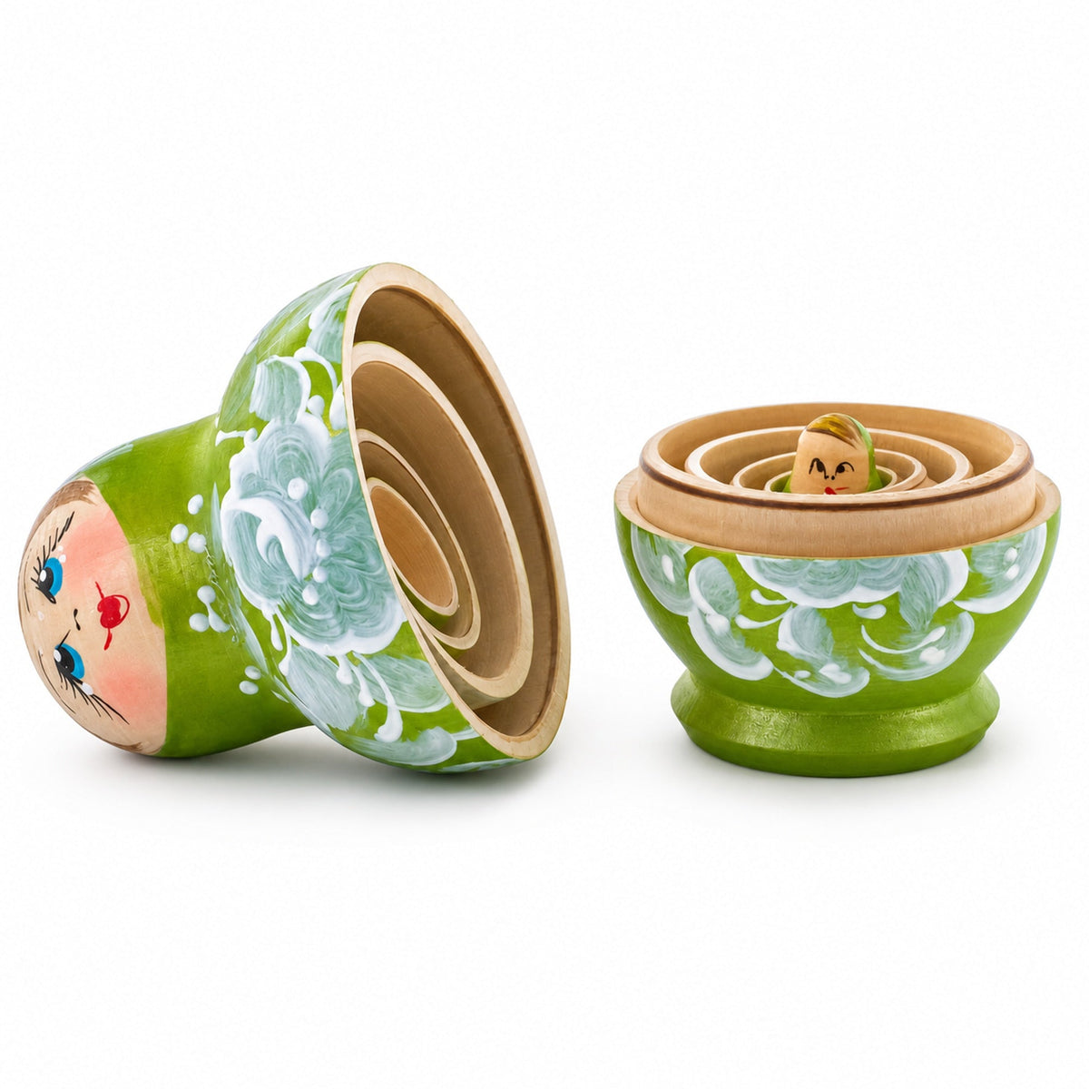 Green Color with White Flowers Wooden  Nesting Dolls