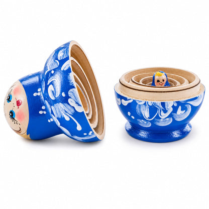 Blue Color with White Ornament Wooden  Nesting Dolls