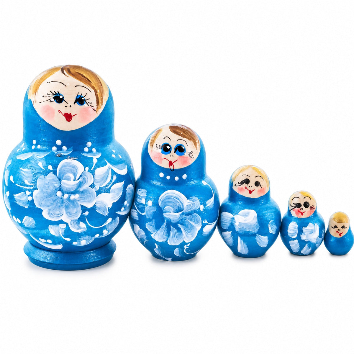 Light Blue Color with White Flower Wooden  Nesting Dolls