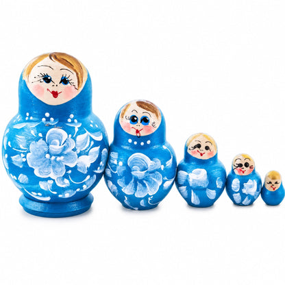 Light Blue Color with White Flower Wooden  Nesting Dolls