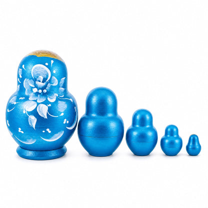 Light Blue Color with White Flower Wooden  Nesting Dolls