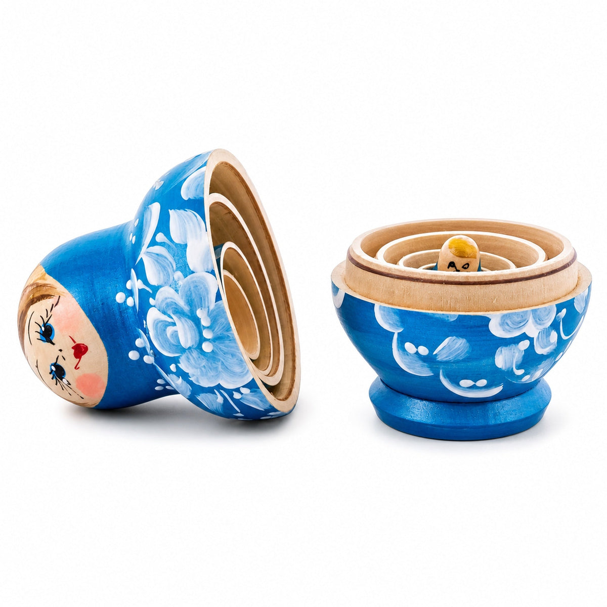 Light Blue Color with White Flower Wooden  Nesting Dolls