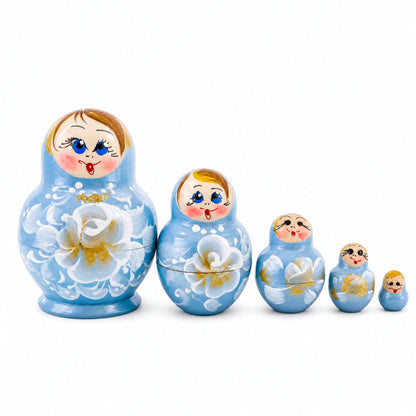 Light Blue Color with White Flowers Wooden  Nesting Dolls