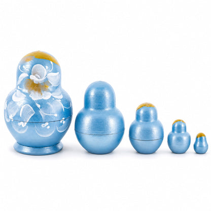 Light Blue Color with White Flowers Wooden  Nesting Dolls