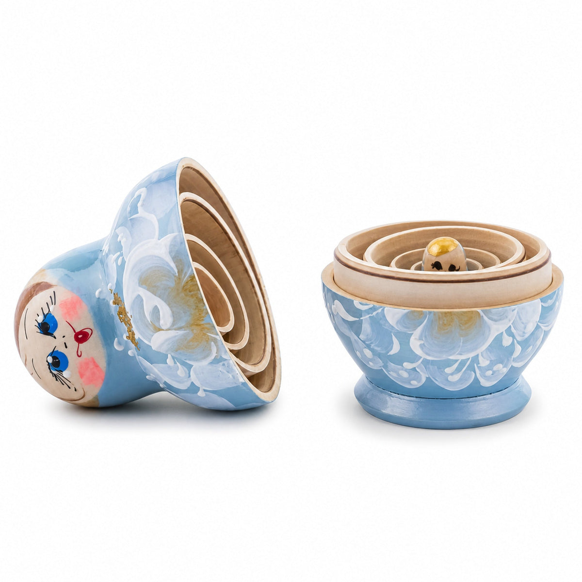 Light Blue Color with White Flowers Wooden  Nesting Dolls