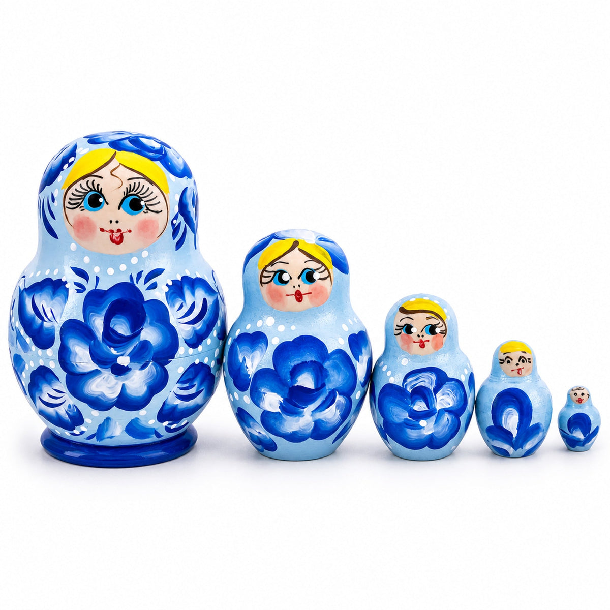 Light Blue Color with Blue Flowers Wooden  Nesting Dolls