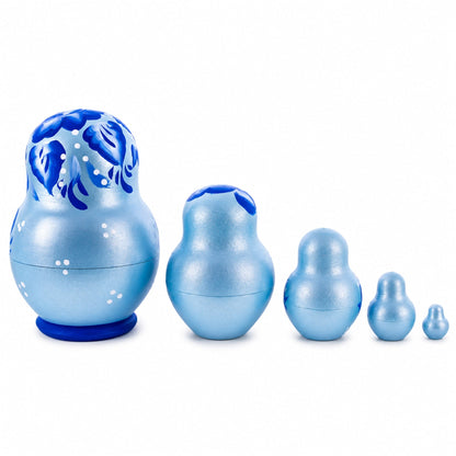 Light Blue Color with Blue Flowers Wooden  Nesting Dolls