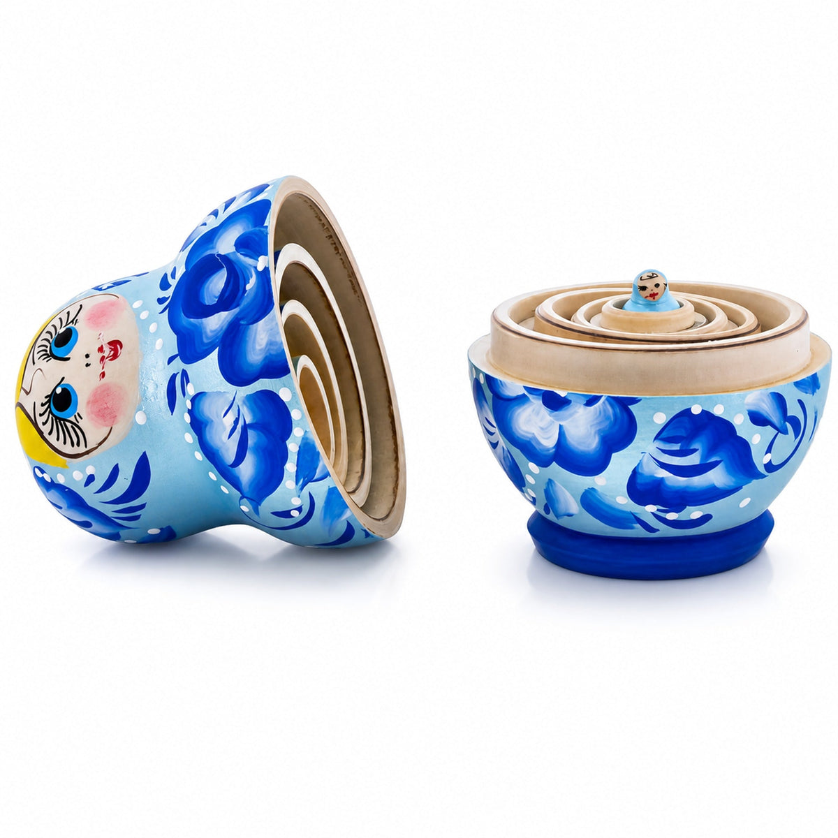 Light Blue Color with Blue Flowers Wooden  Nesting Dolls