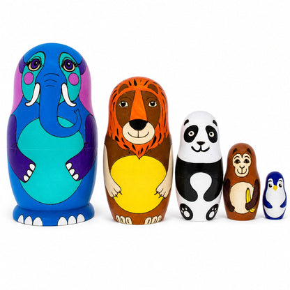 Set of 5 Zoo Animals Wooden Nesting Figurines