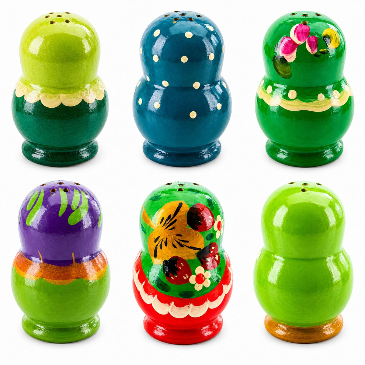 Set of 2 Green Salt and Pepper Shakers Nesting Dolls in Assortment (Styles May Vary)
