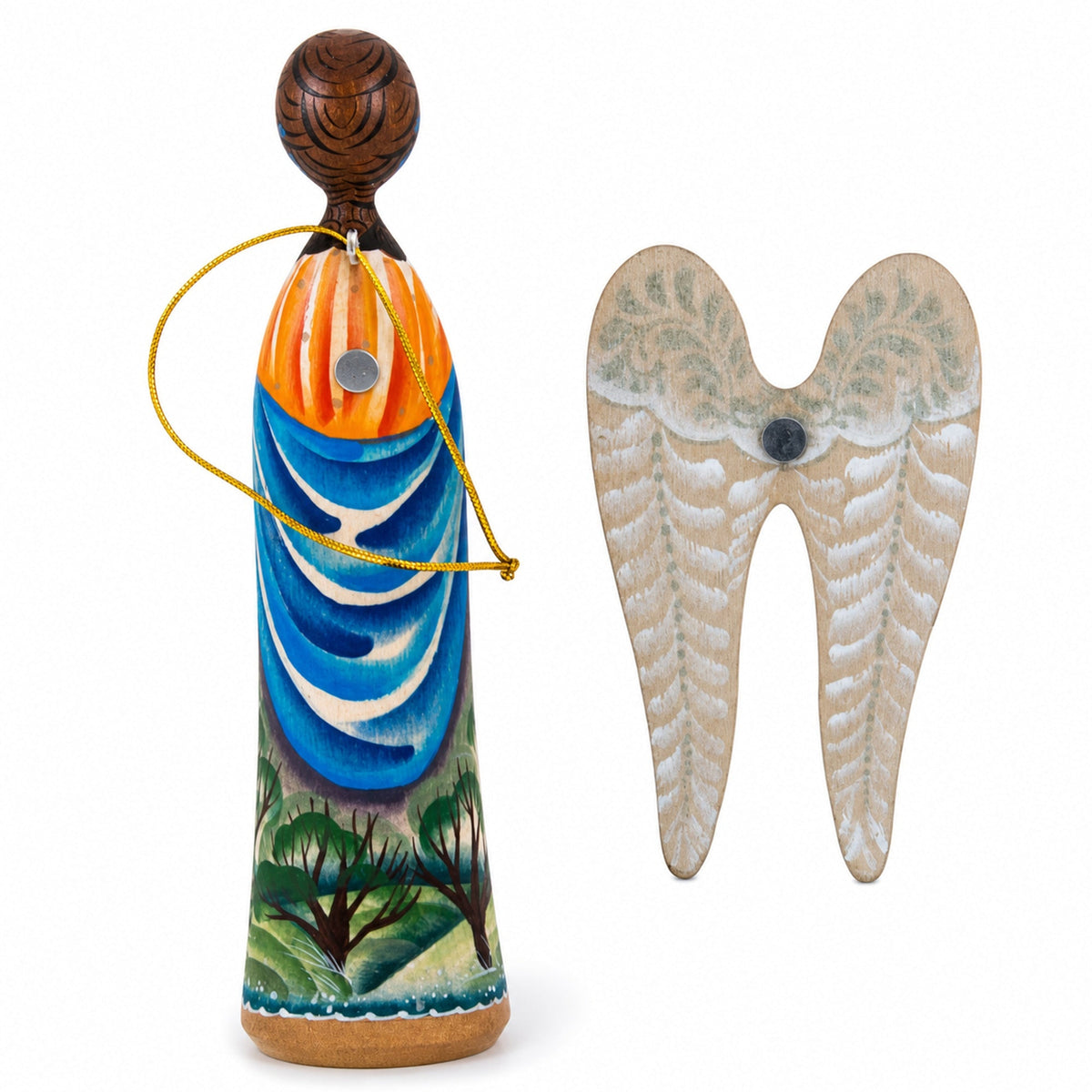 Wooden Hand Carved Angel Figurine Christmas Ornament 5.6 Inches