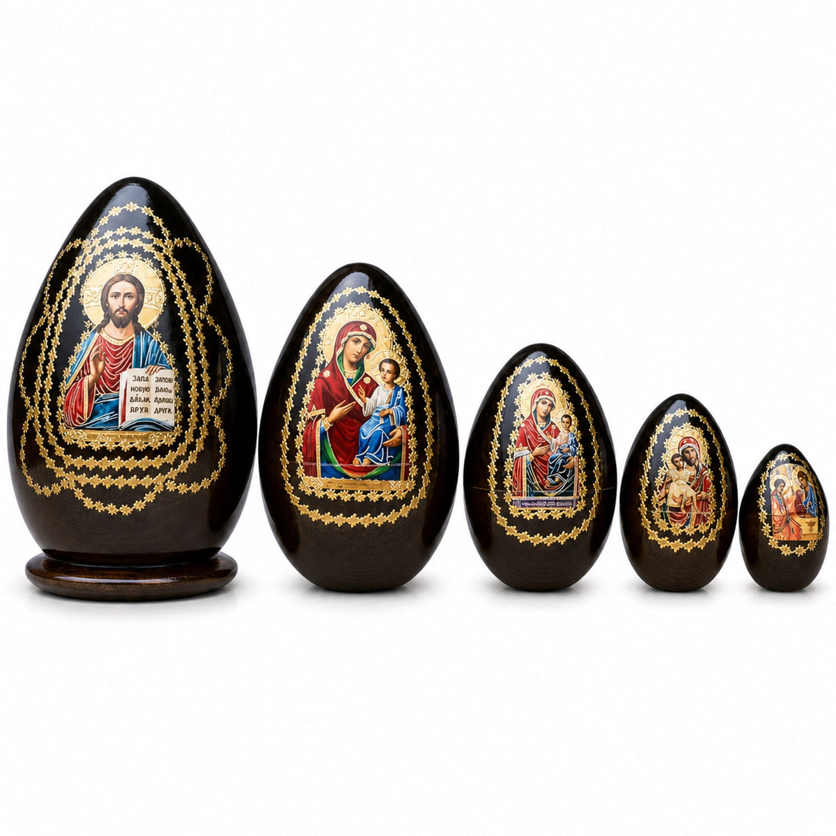 Set of 5 Orthodox Icons Egg Shape Wooden Nesting Dolls 6.5 Inches