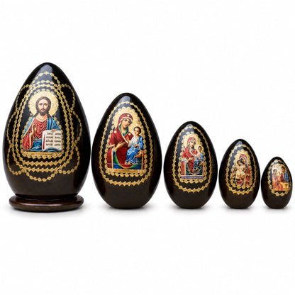 Set of 5 Orthodox Icons Egg Shape Wooden Nesting Dolls 6.5 Inches