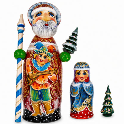Hand Carved Solid Wood Santa Did Moroz Nesting Dolls 9.5 Inches