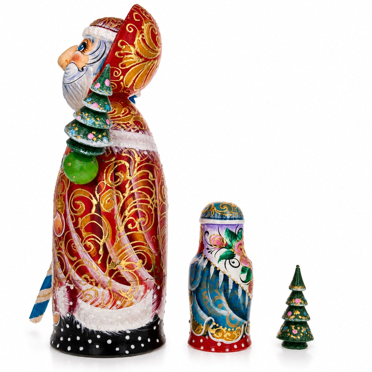 Hand Carved Solid Wood Santa Did Moroz Nesting Dolls 9.5 Inches