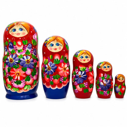 Set of 5 Flowers on Red Scarf Wooden Nesting Dolls 7.25 Inches