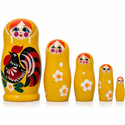 5 Rooster and Daisies Floral Wooden  Nesting Dolls 4.5 Inches