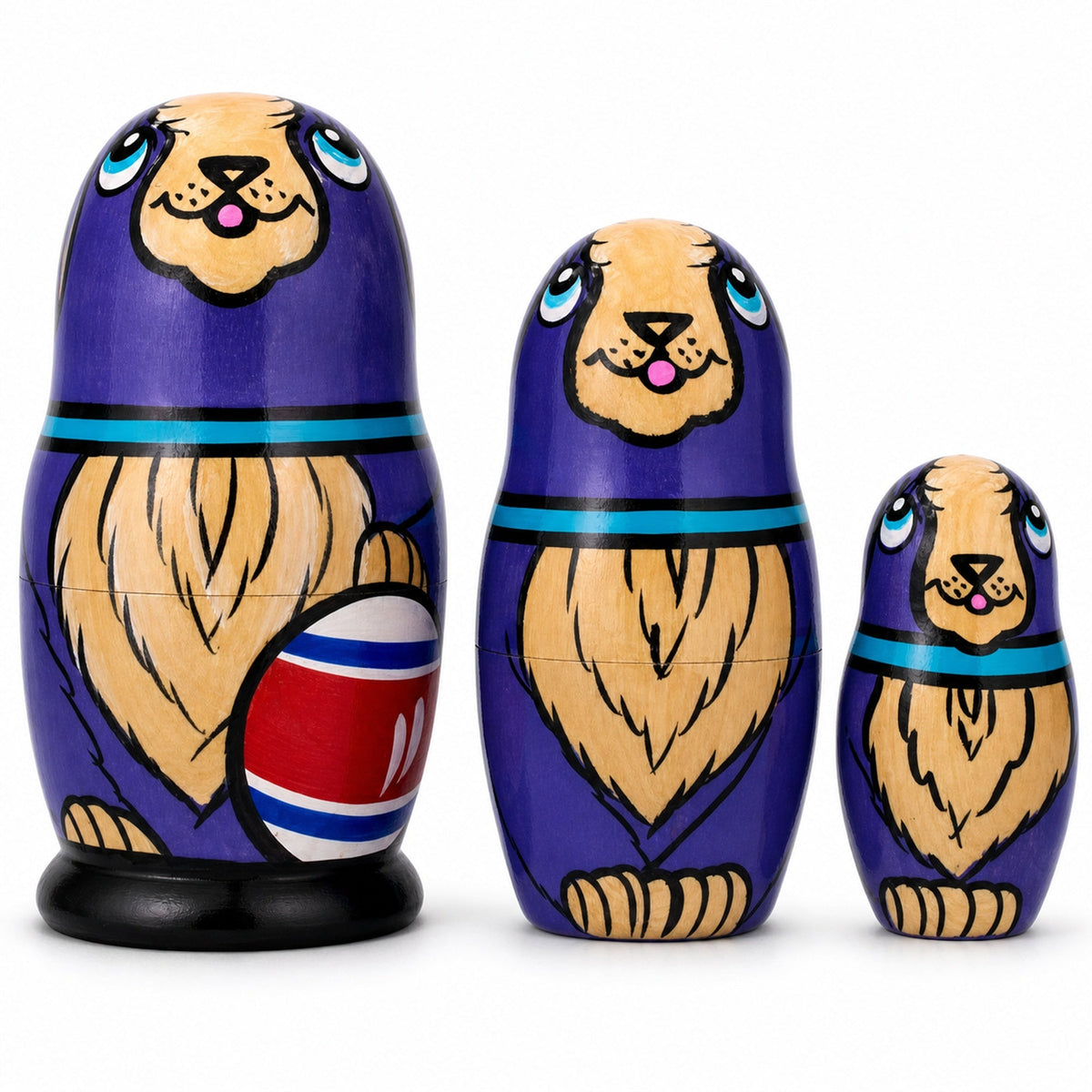 3 Smiling Dog w/Bone Collar Wooden Nesting Dolls  4.25 Inches