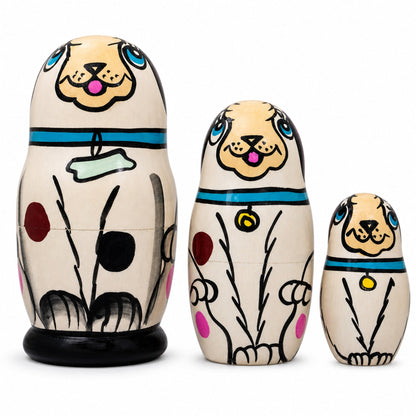 3 White Dog with Bone Collar Wooden Nesting Dolls Matryoshka 4.25 Inches