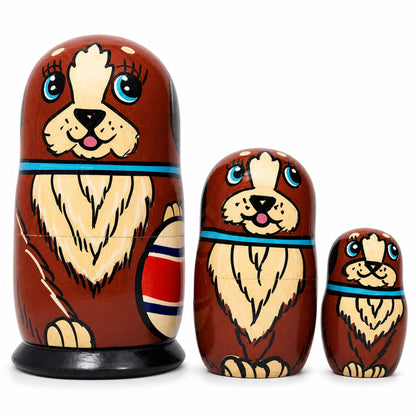 Set of 3 Brown Dog with Ball Wooden Nesting Dolls 5 Inches