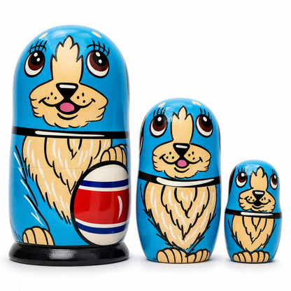 Set of 3 Dogs with Rubber Ball Wooden Nesting Dolls 5 Inches