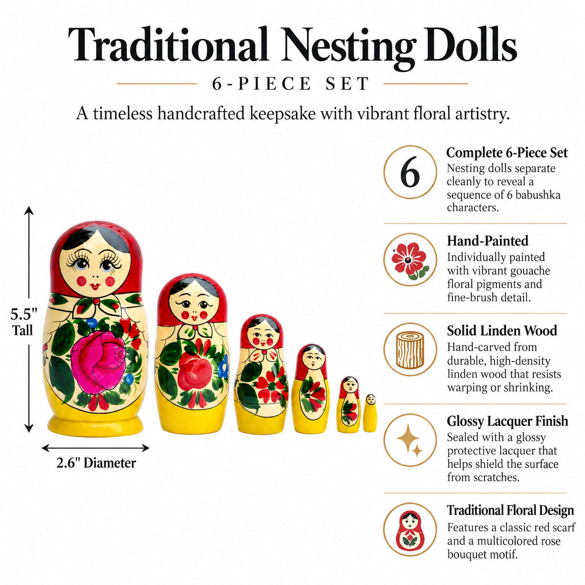 Set of 6 Wooden Dolls Nesting Dolls Semenov Matryoshka 5.75 Inches