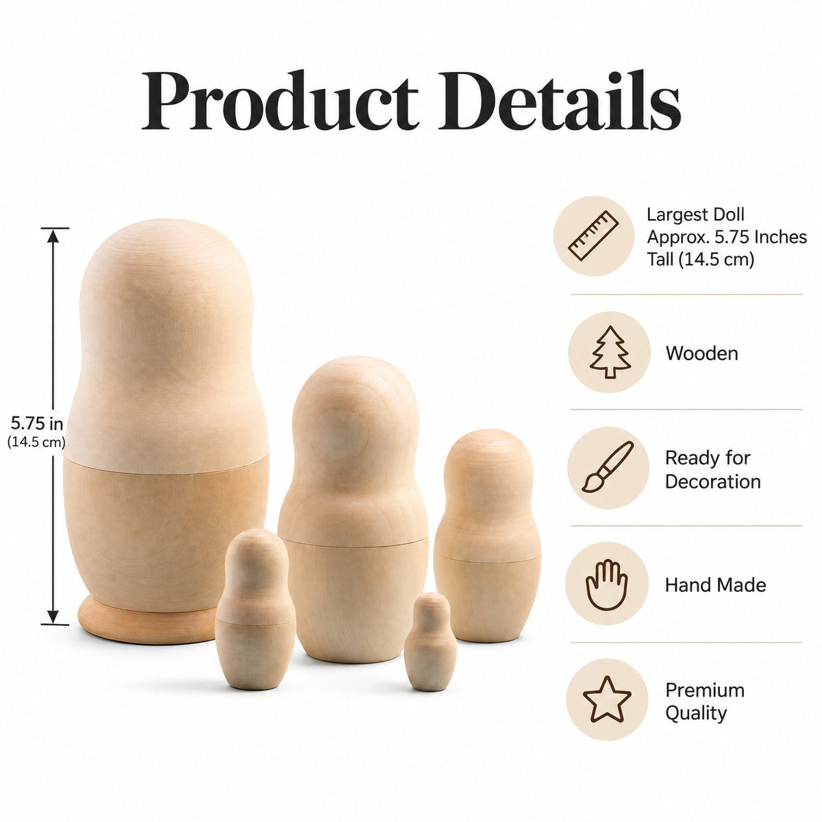 Set of 5 Unfinished Wooden Nesting Dolls DIY Craft Blanks for Painting  5.75 Inches