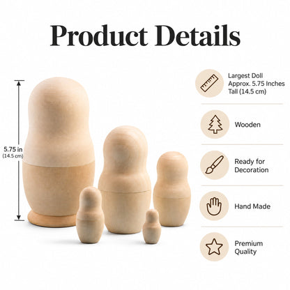 Set of 5 Unfinished Wooden Nesting Dolls DIY Craft Blanks for Painting  5.75 Inches