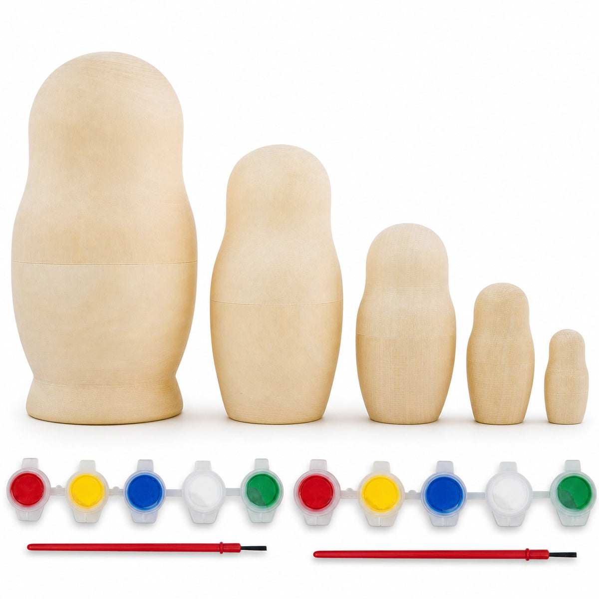 Set of 5 Unfinished Wooden Nesting Dolls with Paints DIY Craft Blanks for Painting  5.75 Inches