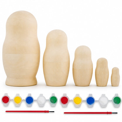 Set of 5 Unfinished Wooden Nesting Dolls with Paints DIY Craft Blanks for Painting  5.75 Inches