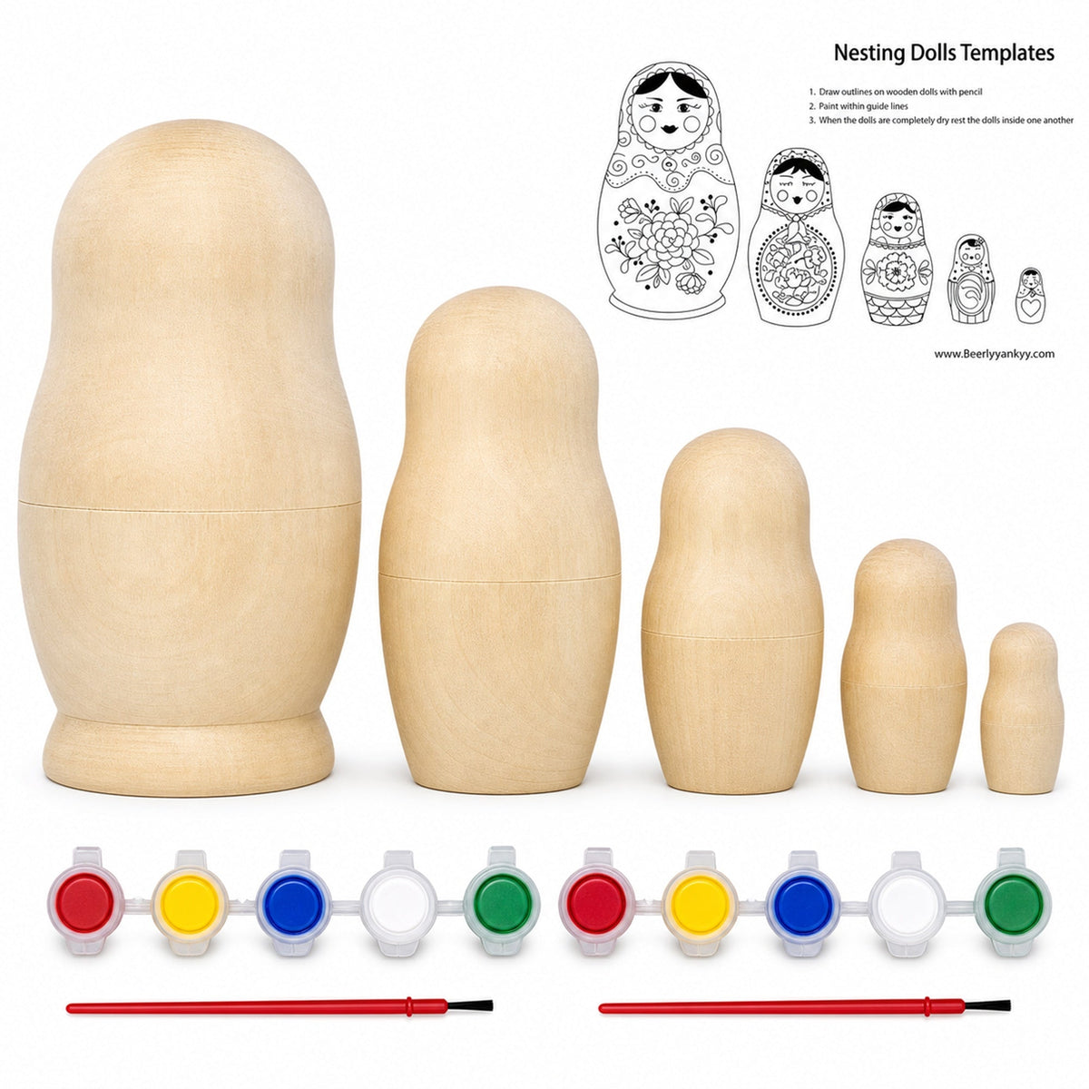 Set of 5 Unfinished Wooden Nesting Dolls with Paints DIY Craft Blanks for Painting  5.75 Inches