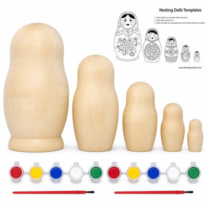 Set of 5 Unfinished Wooden Nesting Dolls with Paints DIY Craft Blanks for Painting  5.75 Inches
