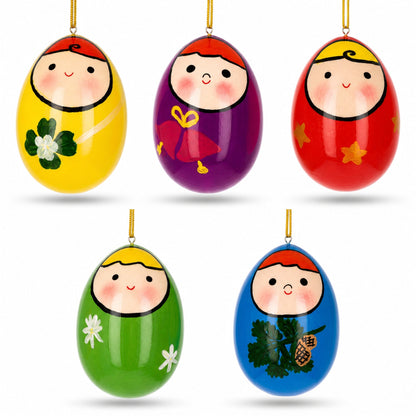 Set of 5 Wooden Egg Shaped Matryoshka Nesting Doll Ornaments