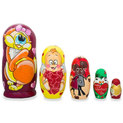 Set of 5 St. Valentine's Day Cupid Love Wooden Nesting Dolls 6 Inches