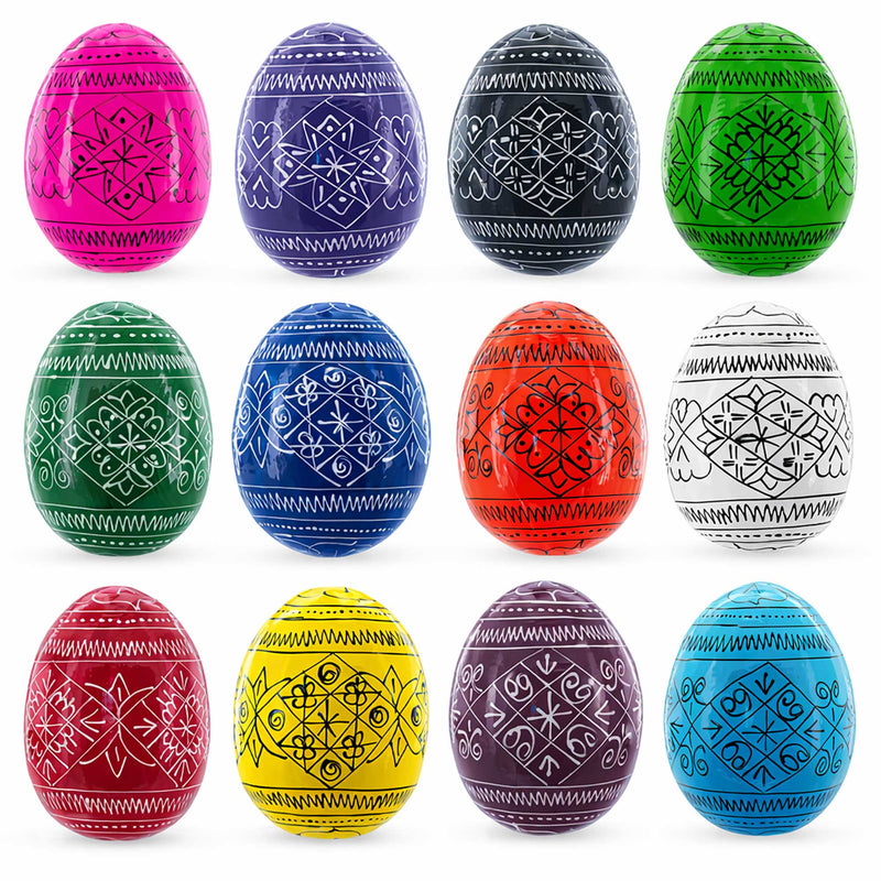Set of 12 Multicolored Hand Painted Ukrainian Wooden Easter Eggs 2.5 Inches
