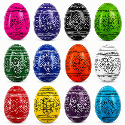 Set of 12 Multicolored Hand Painted Ukrainian Wooden Easter Eggs 2.5 Inches