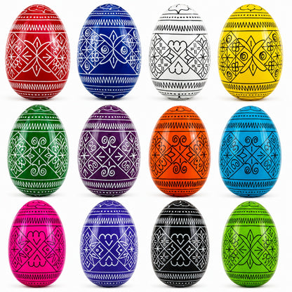 Set of 12 Multicolored Hand Painted Ukrainian Wooden Easter Eggs 2.5 Inches