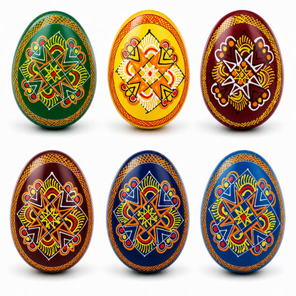 Set of 6 Folk Art Patterns Wooden Ukrainian Easter Eggs 2.5 Inches