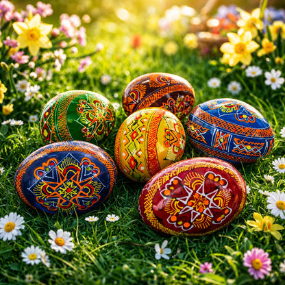 Set of 6 Folk Art Patterns Wooden Ukrainian Easter Eggs 2.5 Inches