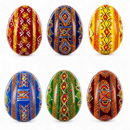 Set of 6 Folk Art Patterns Wooden Ukrainian Easter Eggs 2.5 Inches