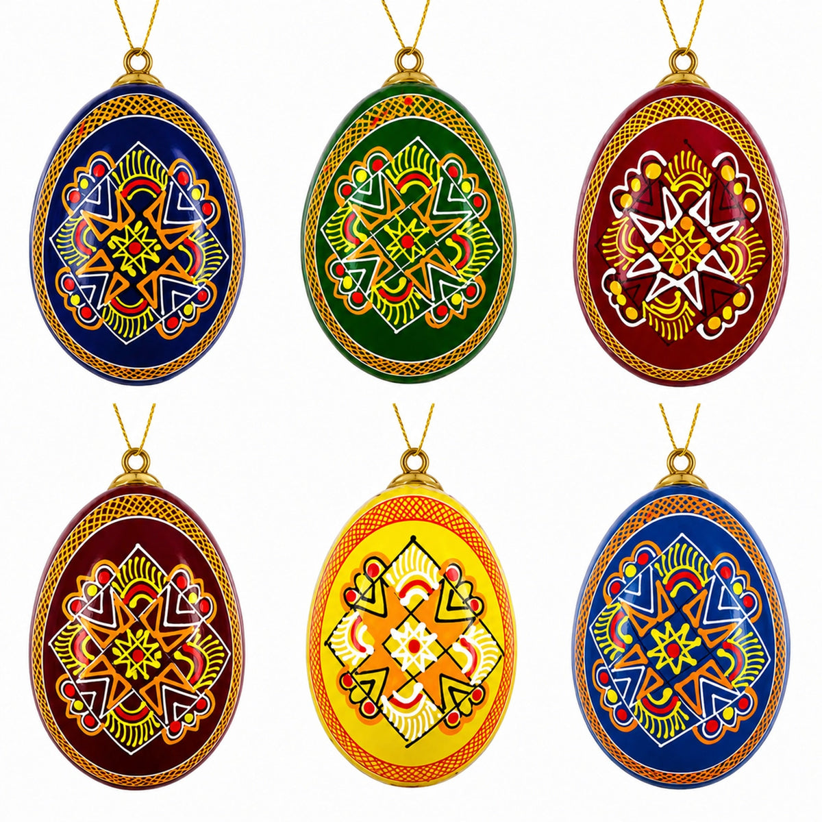 Set of 6 Ukrainian Wooden Easter Egg Ornaments 2.5 Inches