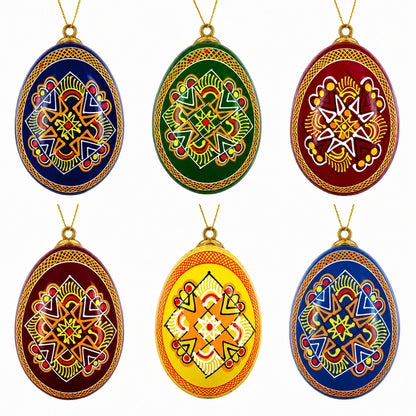 Set of 6 Ukrainian Wooden Easter Egg Ornaments 2.5 Inches