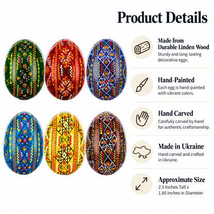 Set of 6 Traditional Ukrainian Pysanky Wooden Easter Eggs 2.5 Inches