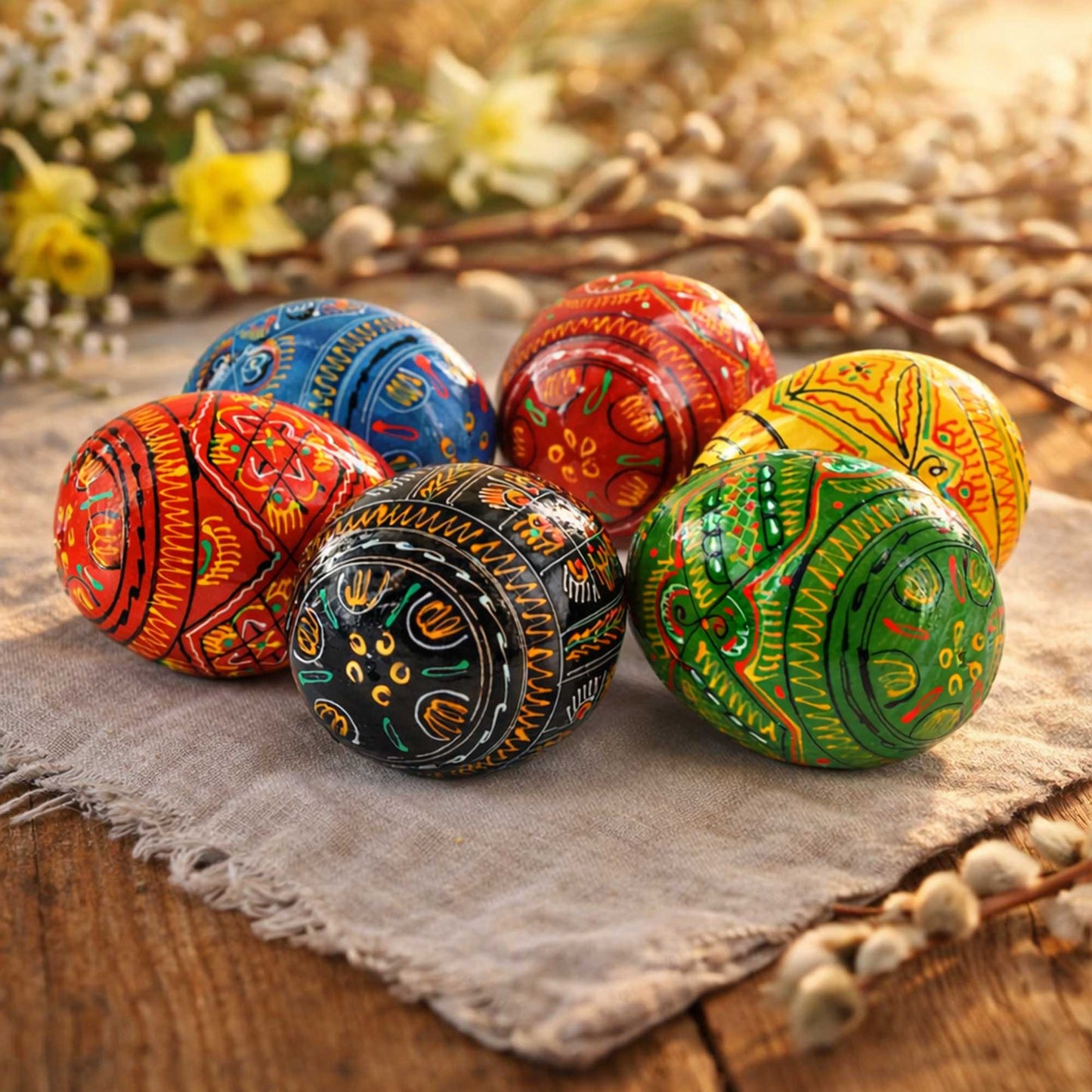 Set of 6 Geometric Pysanky Ukrainian Wooden Easter Eggs 2.5 Inches