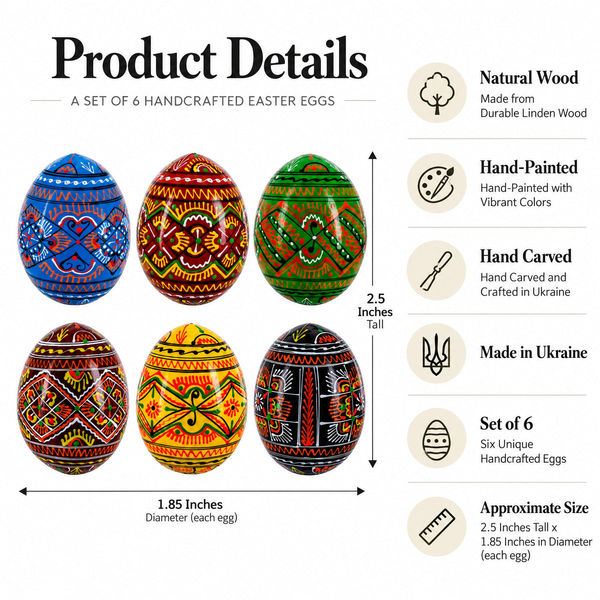 Set of 6 Geometric Pysanky Ukrainian Wooden Easter Eggs 2.5 Inches