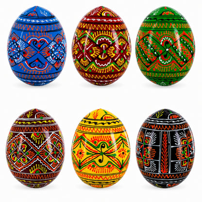Set of 6 Geometric Pysanky Ukrainian Wooden Easter Eggs 2.5 Inches