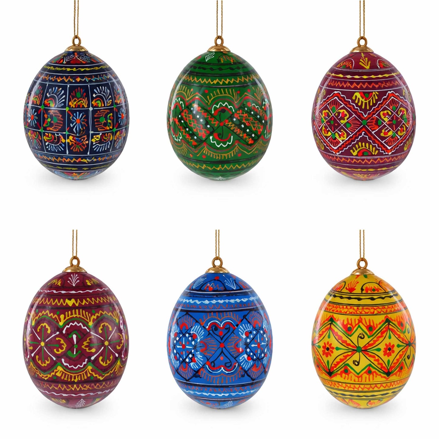 Set of 6 Ukrainian Geometric Wooden Pysanky Easter Eggs Ornaments